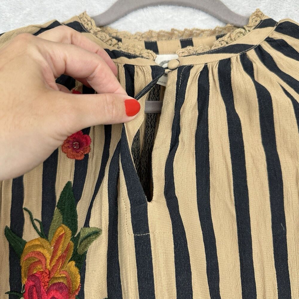 Anthropologie Akemi + Kin Manuela Blouse Womens M Black Tan Stripe Embroidered - Picture 4 of 14